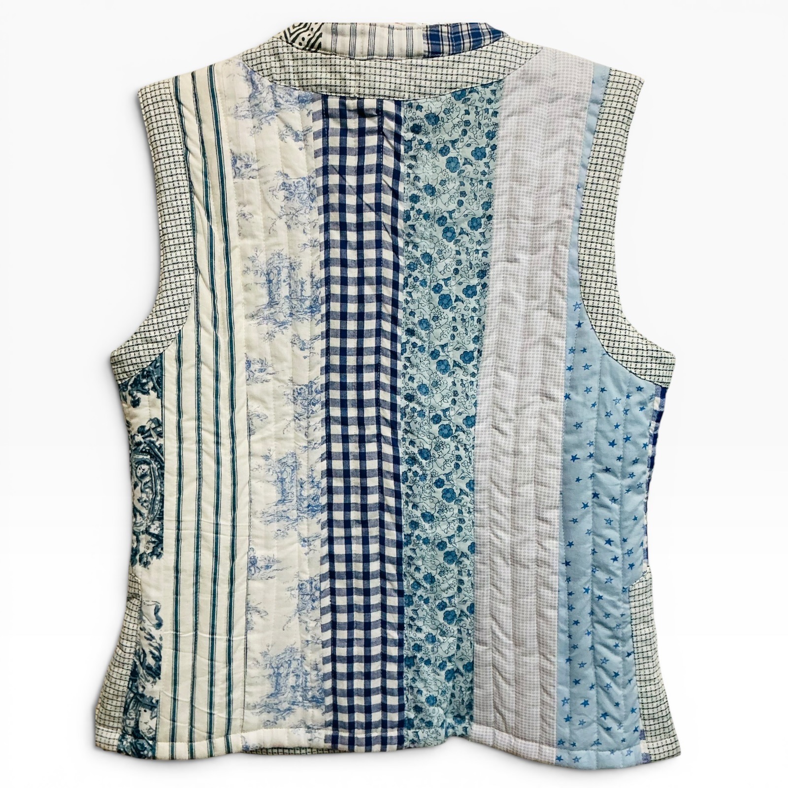 Cb Positano Upcycled Quilted Patchwork Vest Blue White Gingham Toile S/M Rare — image 2 of 5